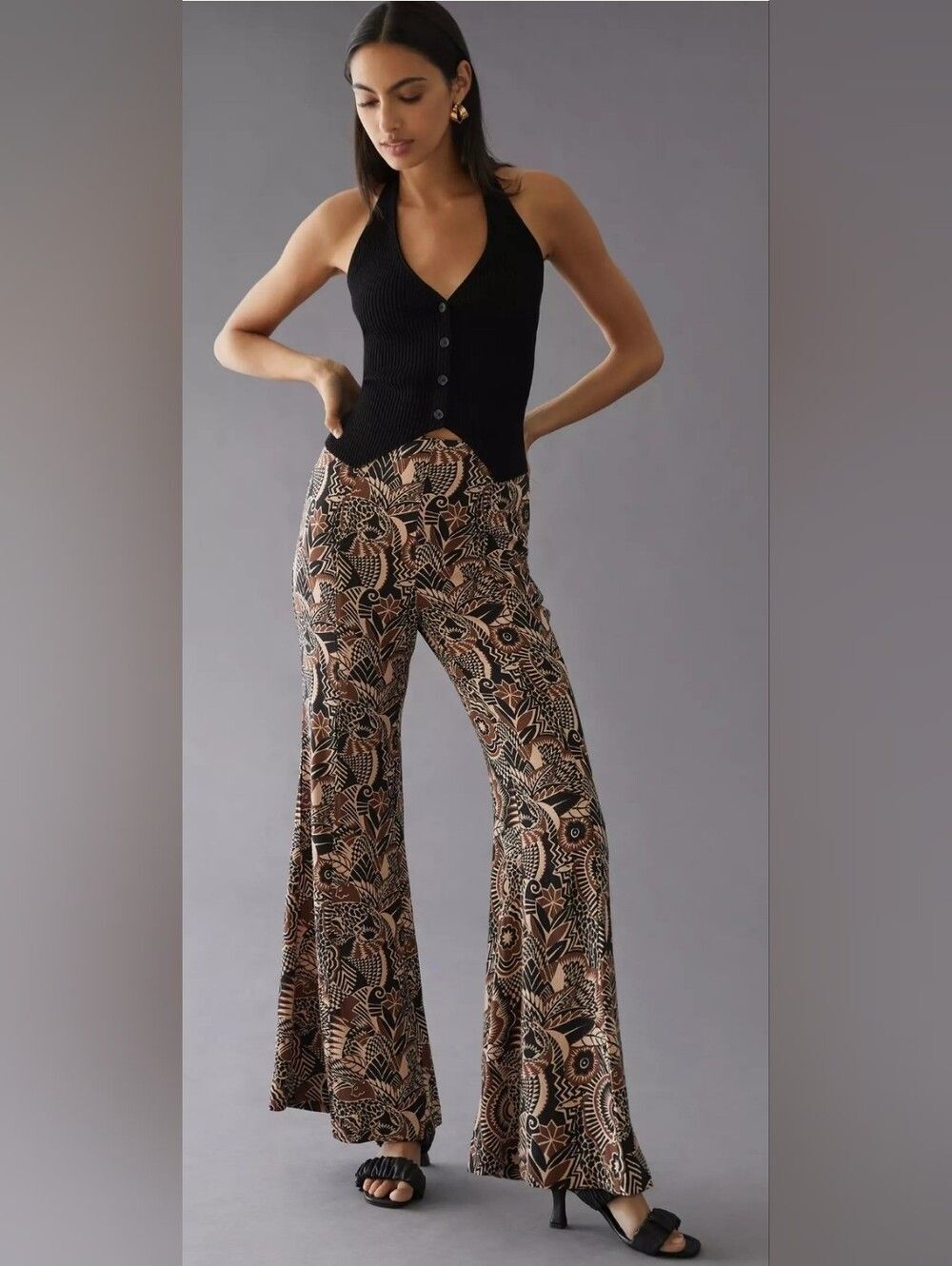 Anthropologie Black and Tan Botanical Flare Pants